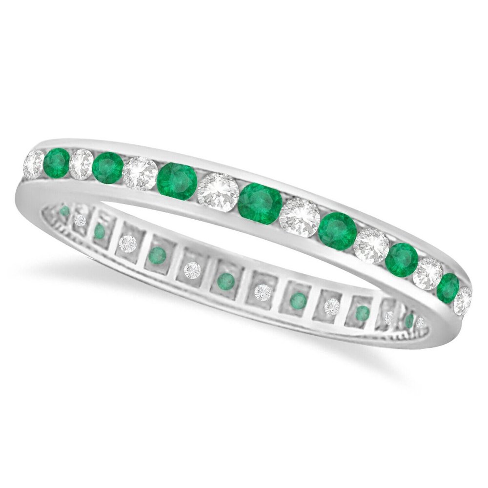 1.05 Carat Natural Diamond & Emerald Eternity Band 14K White Gold